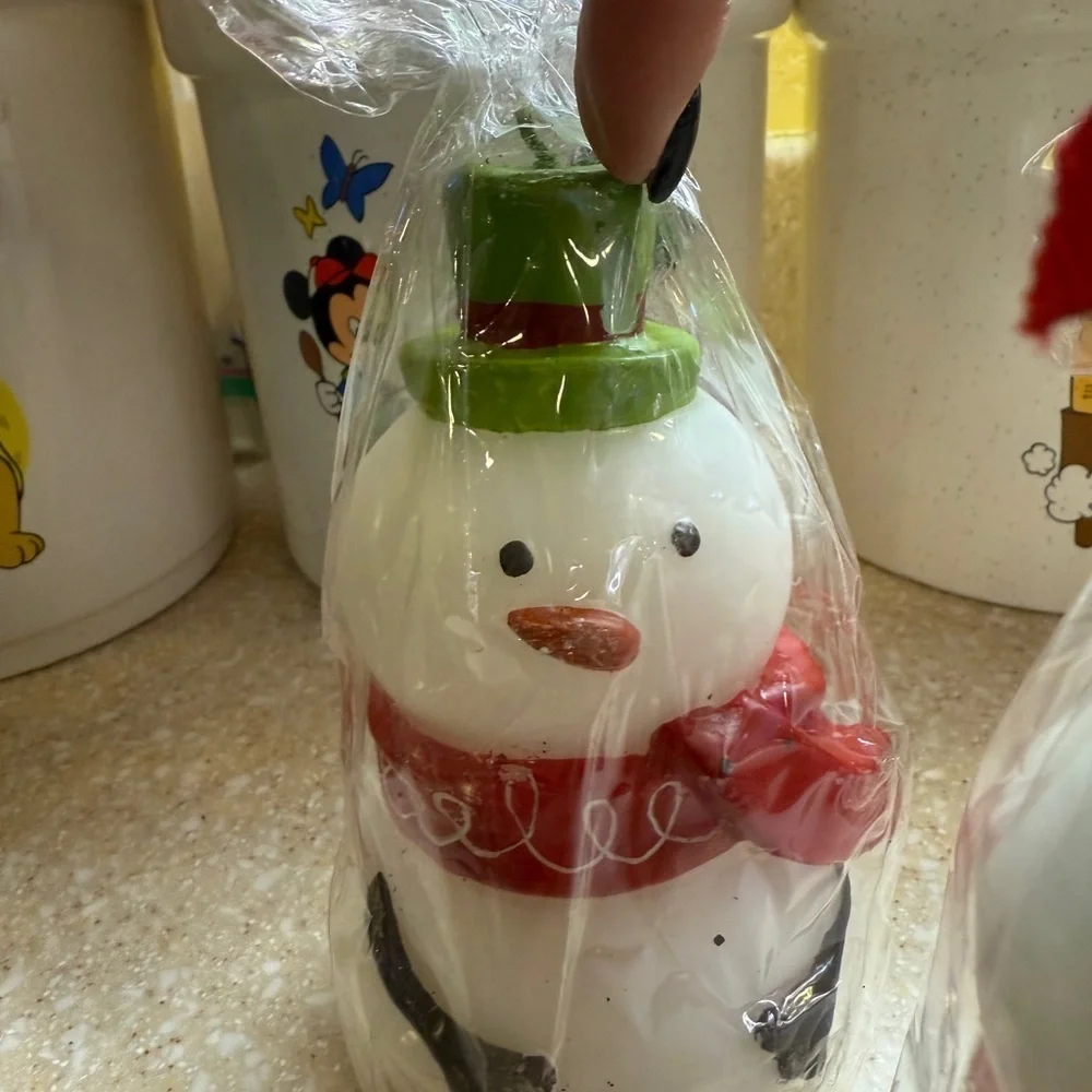 Vintage 2008 Festive Figural Snowman Candles Target Set of 3 Green Hat 6 inches
